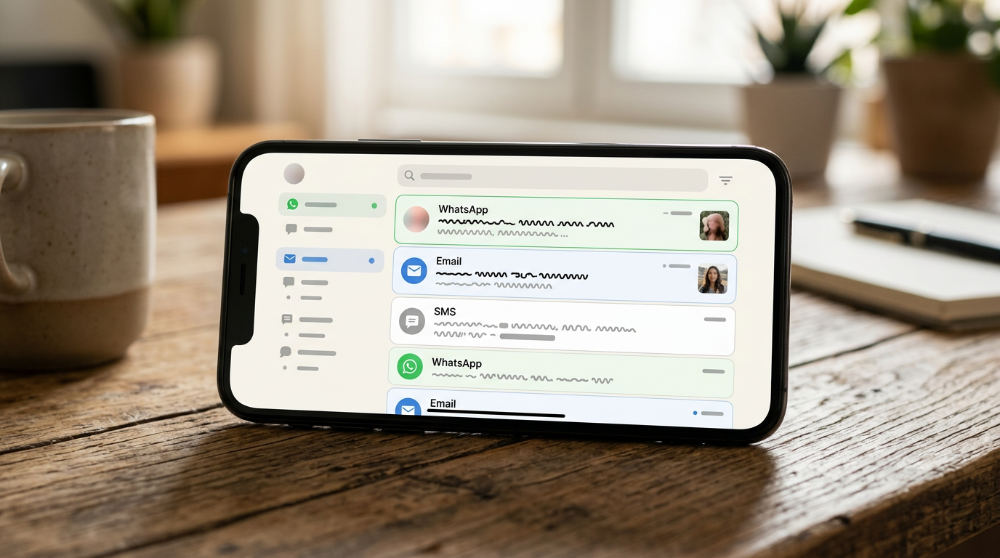 A smartphone showing an integrated business inbox with text messages and emails in one unified view.