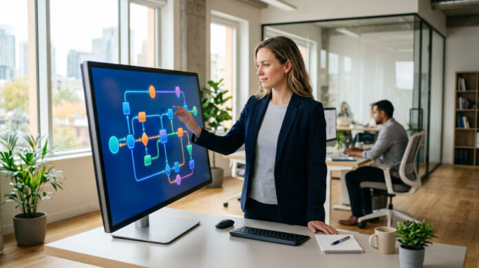 A professional working on a visual marketing automation workflow builder within a modern AI operating system interface.