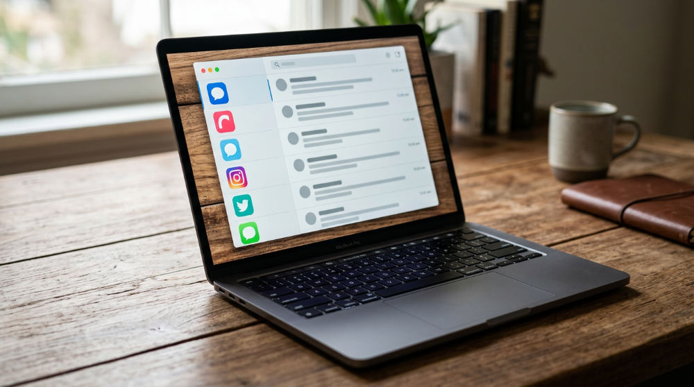 A marketing professional reviewing a unified inbox on a laptop, showing integrated messages from email, SMS, and Facebook.