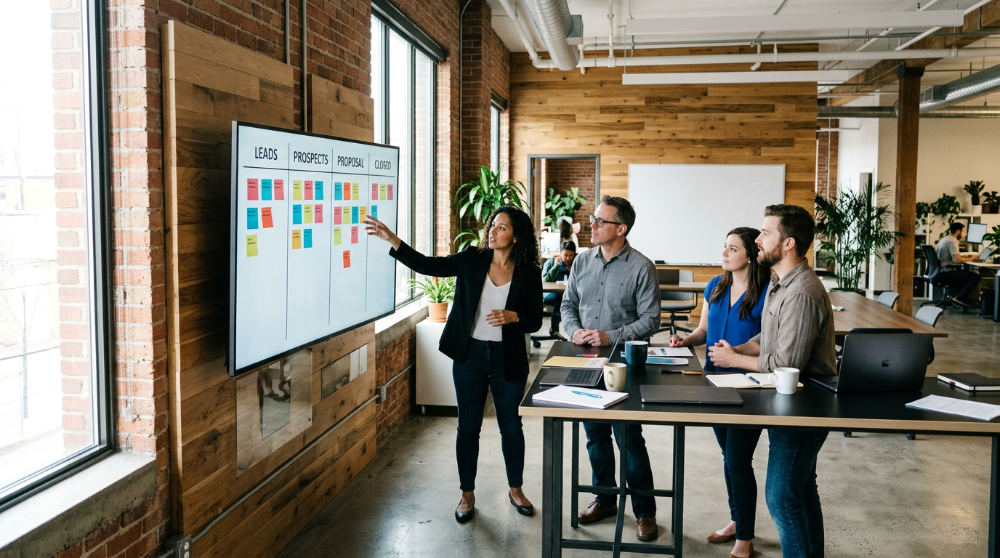 A marketing team lead pointing at a digital Kanban board showing different stages of a sales pipeline.