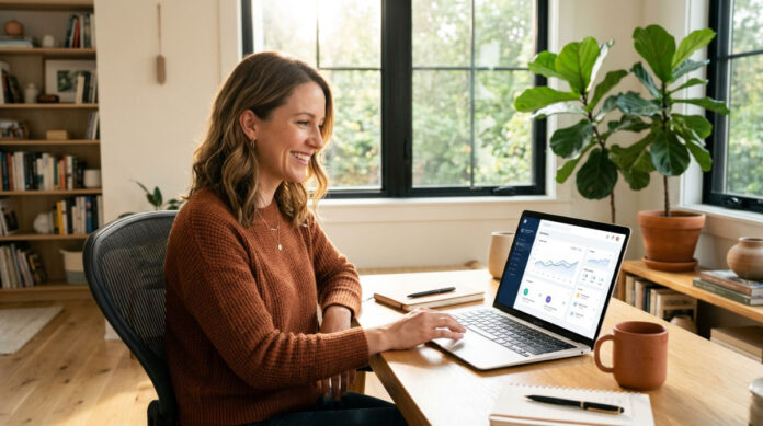 A female entrepreneur using humanlike AI agents on her laptop to manage her small business growth.