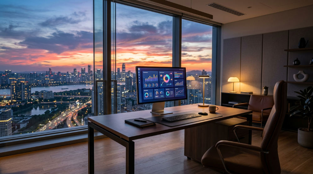 A modern workspace showing a unified AI operating system dashboard used for business growth automation.