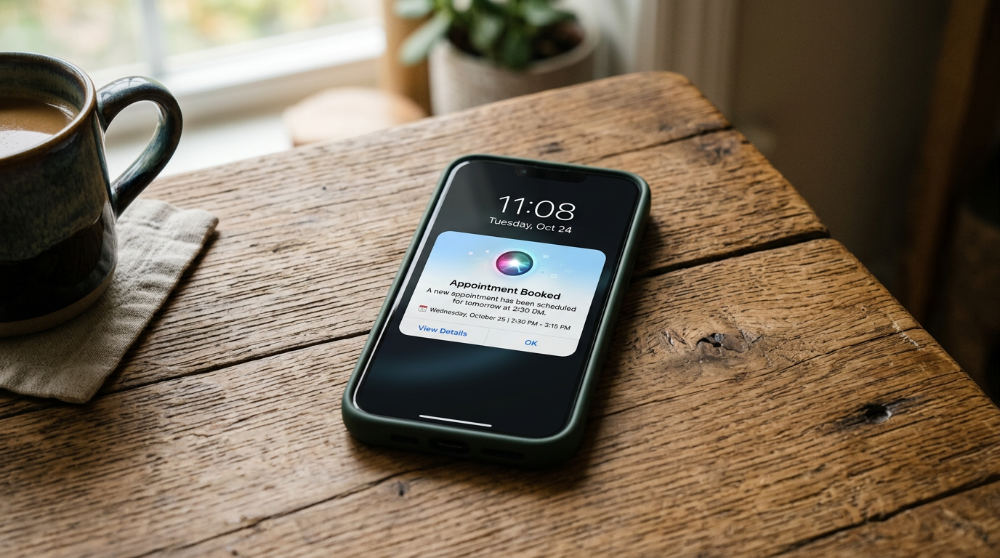 A smartphone showing an automated appointment booking notification generated by an AI sales agent.