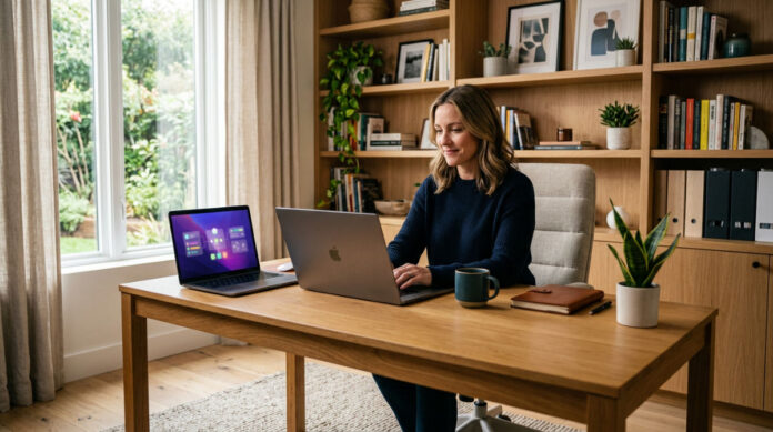 A small business owner using a visual AI operating system on a laptop to manage humanlike agents.