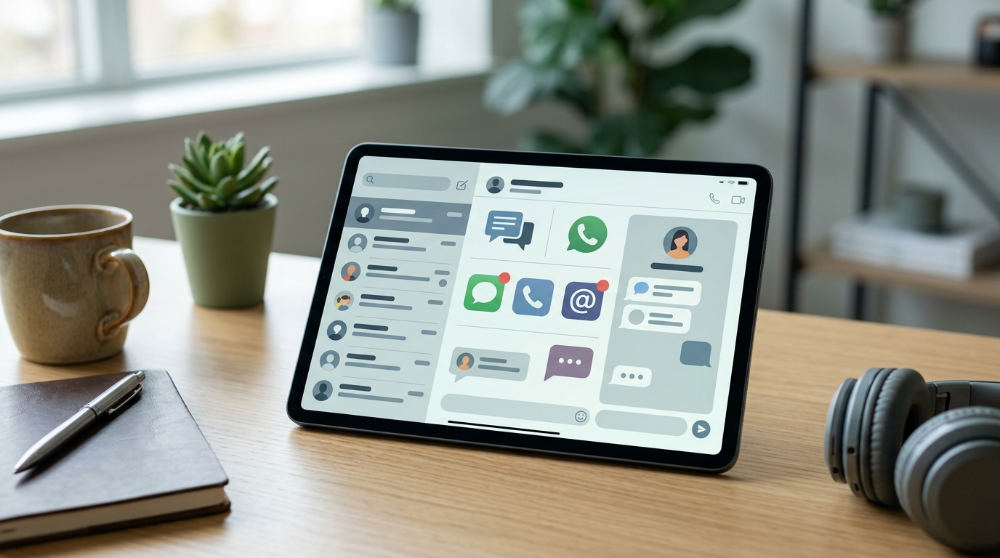 A unified inbox on a tablet showing consolidated messages from SMS and WhatsApp for AI agents.