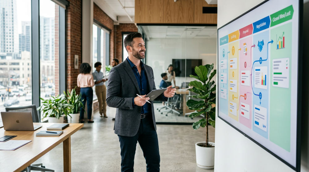 An entrepreneur reviewing a visual drag-and-drop CRM pipeline to track AI lead qualification progress.