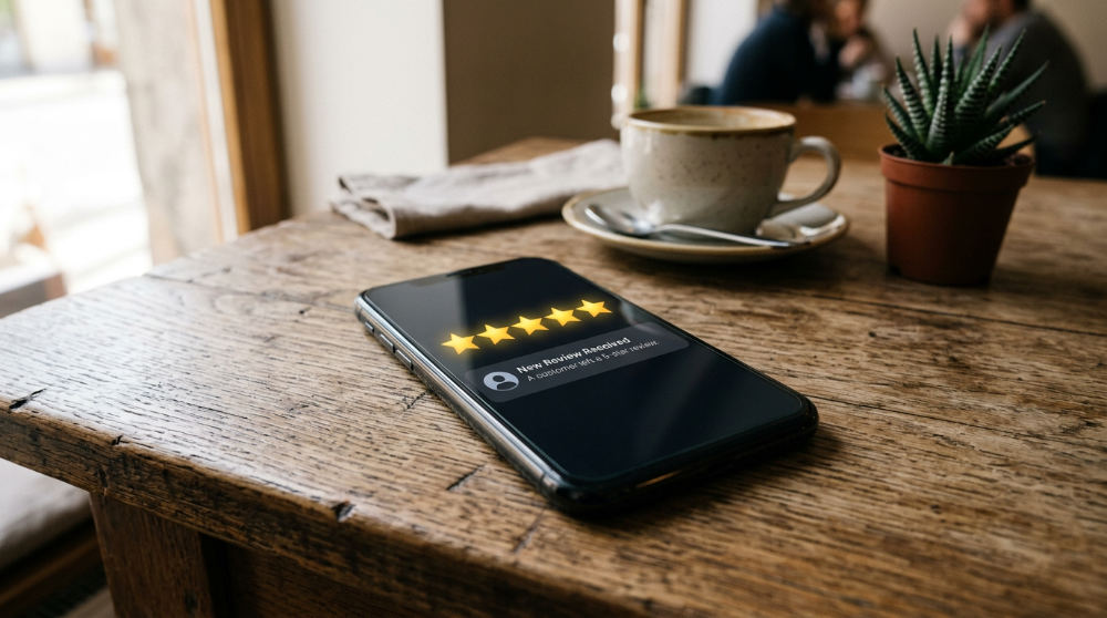 A mobile device showing the results of automated reputation management for a local business.