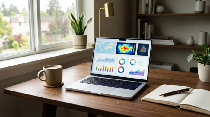 A modern laptop displaying mailchimp email marketing data on a clean desk.