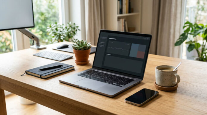 A modern workspace featuring a laptop displaying a unified marketing automation dashboard on a wooden desk.