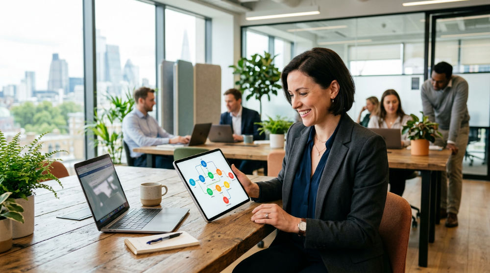 An entrepreneur reviewing an AI-driven visual workflow builder for marketing automation on a tablet.
