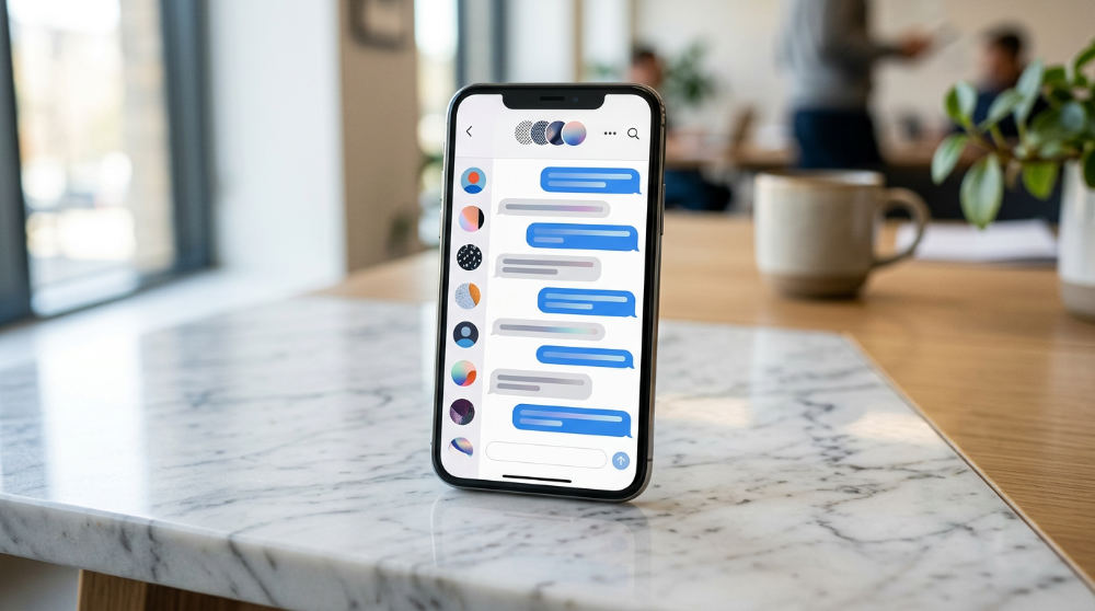 A smartphone displaying a unified inbox with customer messages from different social media platforms.