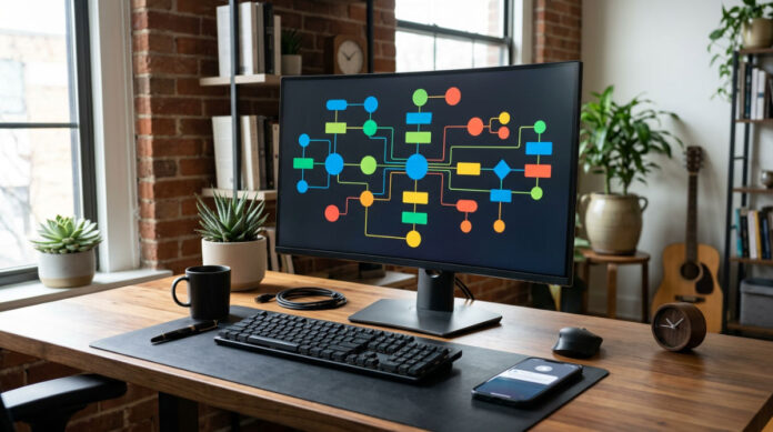 A professional desk setup showcasing a visual marketing automation workflow builder on a large computer monitor.
