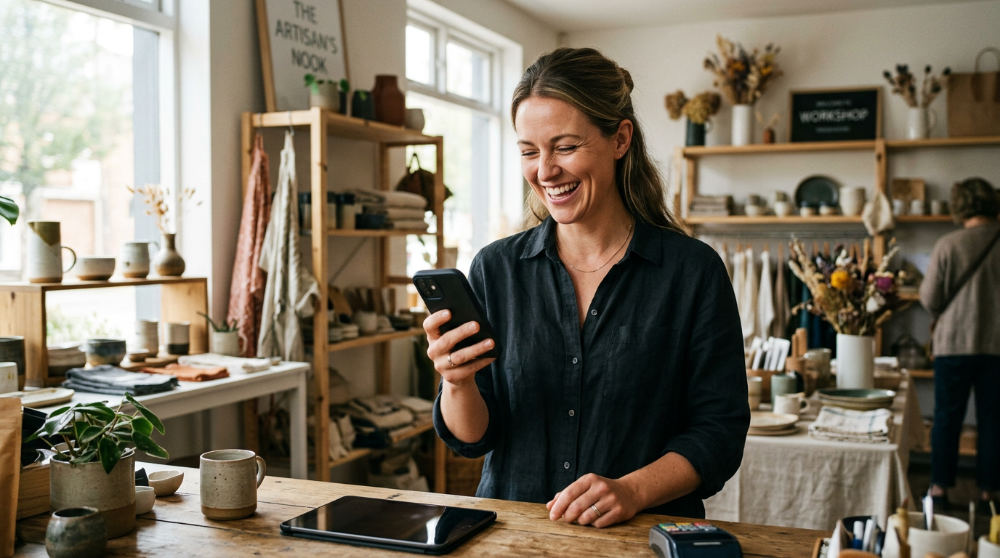 A happy business owner receiving an automated notification that a new appointment has been booked through their system.