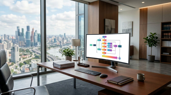 A modern law office desk showing a digital CRM pipeline used for effective marketing for law firms.
