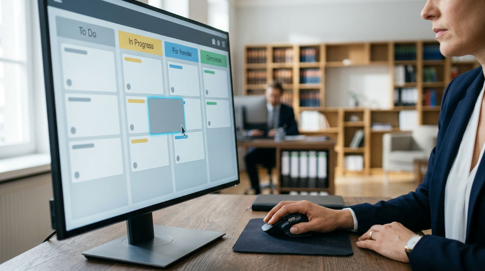 A legal professional in a suit using a tablet to manage a visual client pipeline.