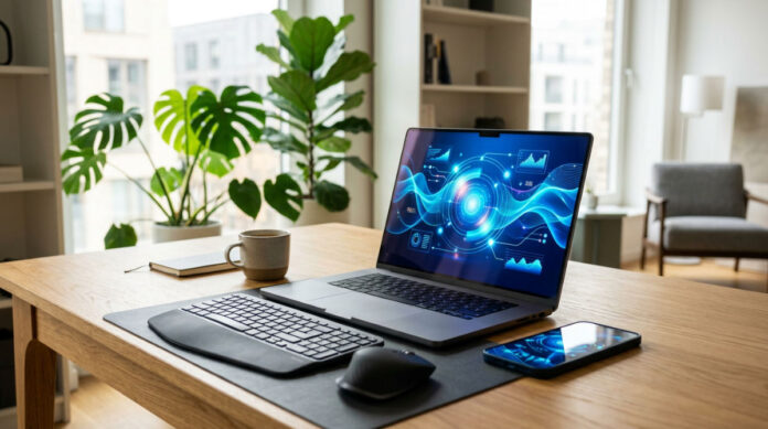 A modern workspace showing a smartphone and laptop displaying a personalized AI agent interface for business automation.