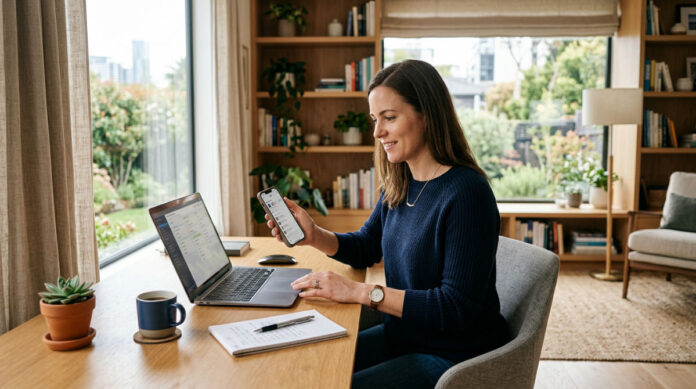 A professional entrepreneur coordinating tasks across a laptop and smartphone in a bright, modern office setting.