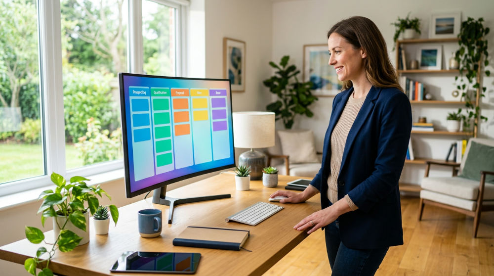 A business owner reviewing personalized AI automation 2026 data on a visual CRM dashboard.