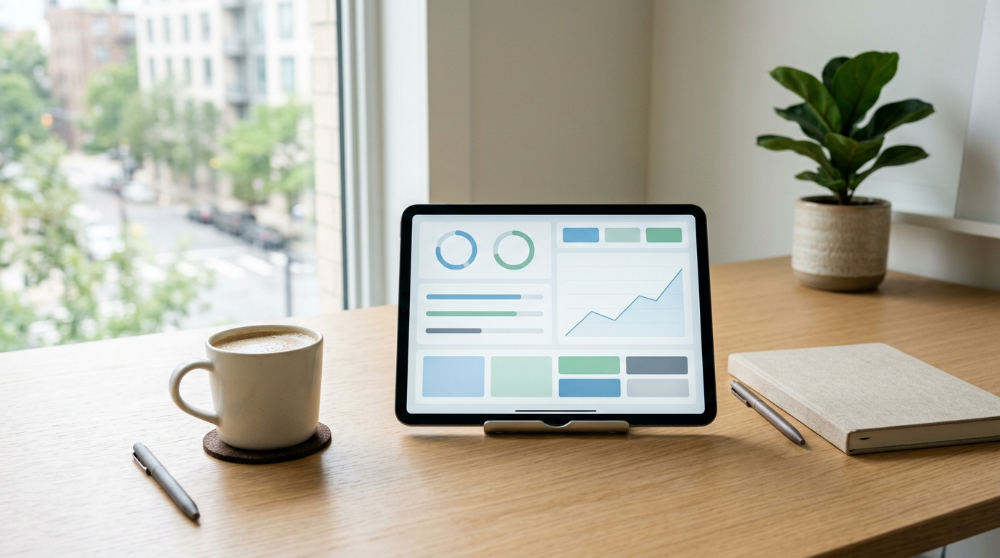 A minimalist desk setup featuring a tablet with a business dashboard to illustrate organized AI task management.