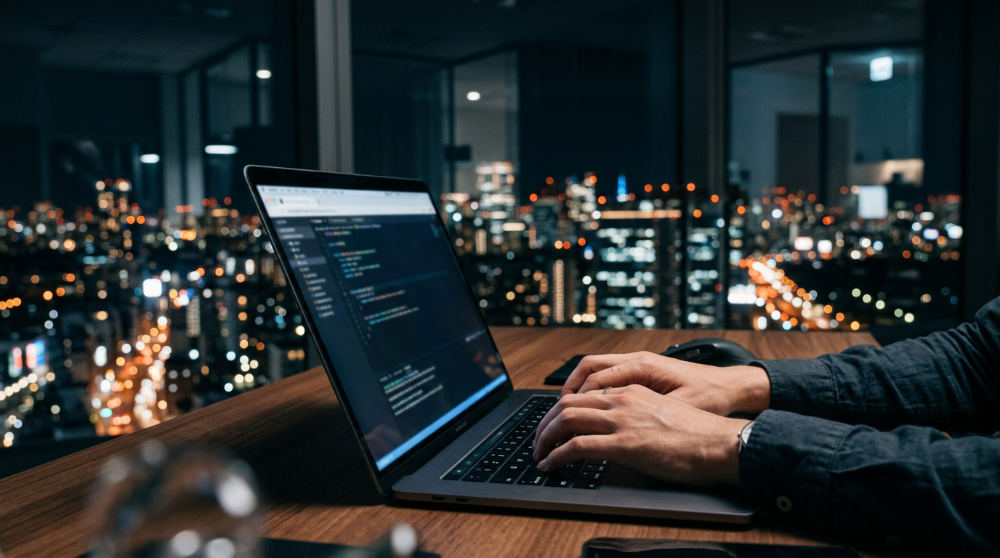 Close up of hands typing on a laptop to represent the automation of business email and communication tasks.