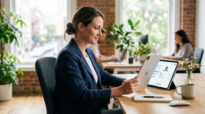 A business owner using an AI agent interface on a tablet to manage customer engagement in 2026.
