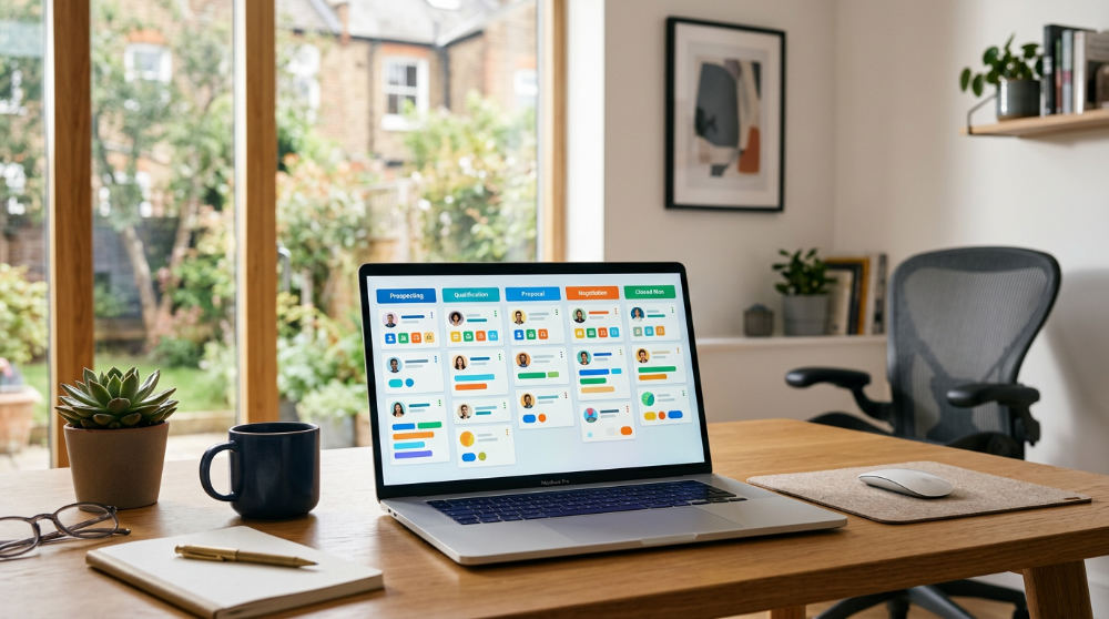 A laptop screen showing a visual CRM sales pipeline with different lead stages and contact names.