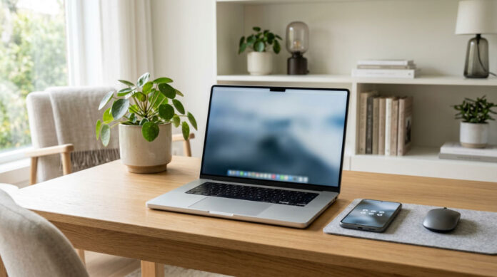 A professional desk setup showing a smartphone and laptop used for managing Meta Muse AI agents.