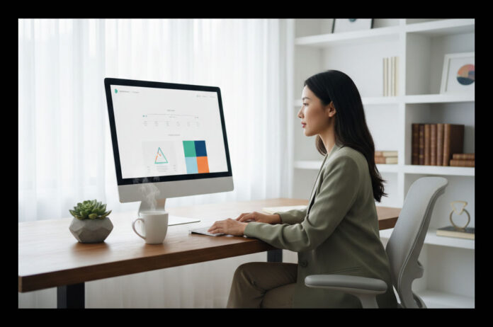 A professional managing business operations on a clean digital dashboard within a modern office setting.