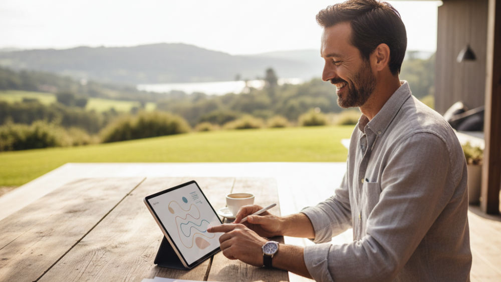 A business owner using a tablet to review automated workflows and AI-generated insights from their operating system dashboard
