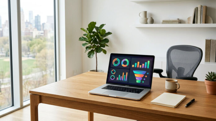 A modern laptop displaying a unified marketing dashboard with a visual sales pipeline in a professional office setting.