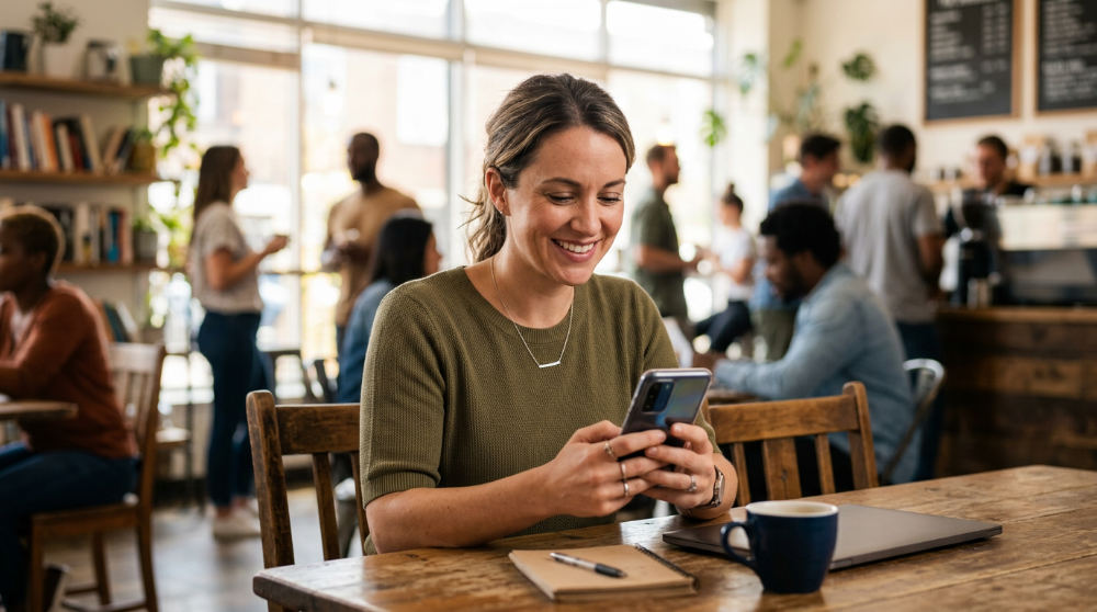 An entrepreneur using a smartphone to manage a unified inbox while working in a bright modern office space.