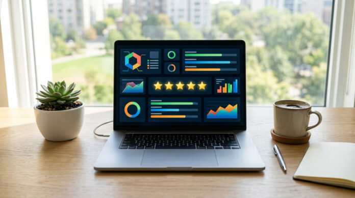 A professional workspace displaying an online reputation management dashboard on a laptop screen with five-star ratings.