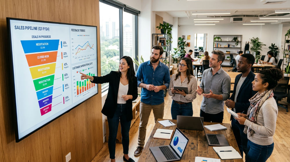 A diverse team of business professionals reviews B2B sales management charts and customer feedback analytics on a large touchscreen monitor in a high-tech office.