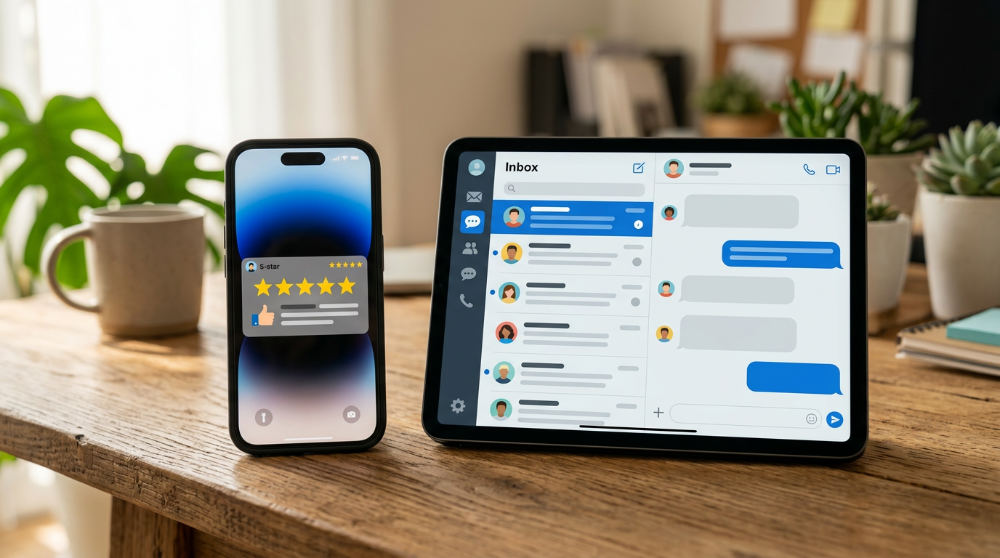 A hand holds a smartphone displaying a positive Google review notification while a computer screen in the background shows an all-in-one marketing company dashboard.