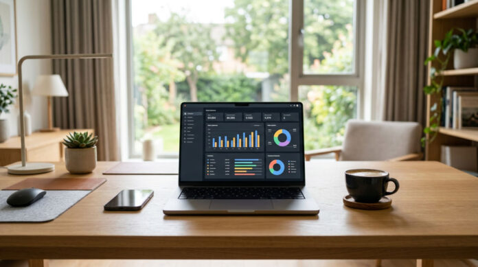 A professional workspace featuring a laptop displaying a business sales dashboard and a smartphone on a clean desk.