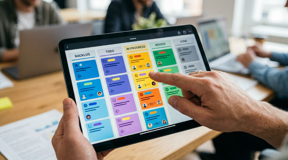 A digital tablet displaying a sales pipeline used for CRM and pipeline management to monitor new opportunities.