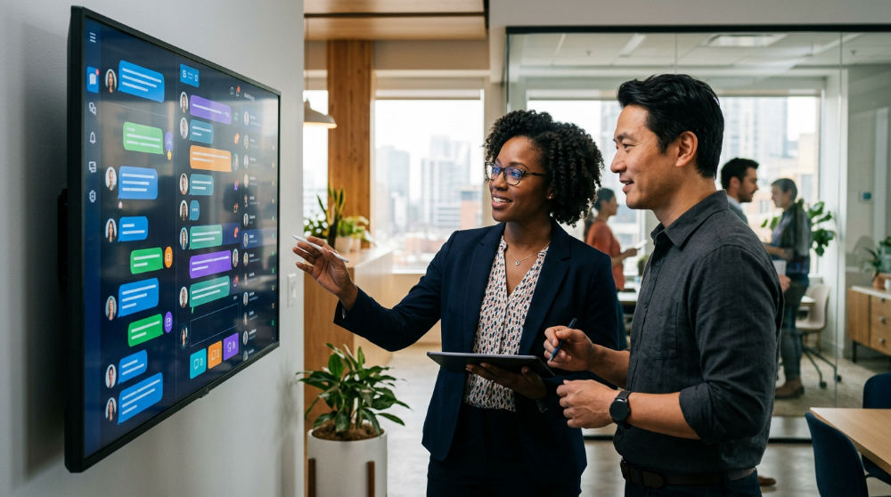 Business professionals reviewing a customer communication management platform to synchronize multiple messaging channels.