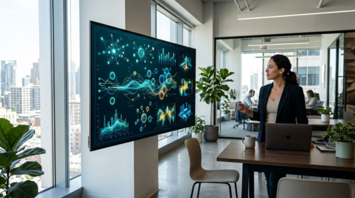 A professional using a modern sales intelligence platform to manage a CRM and AI operating system.