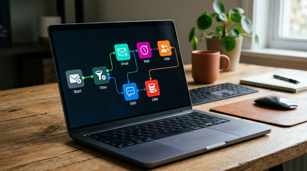 A visual node-based marketing automation workflow builder showing logic paths and triggers.