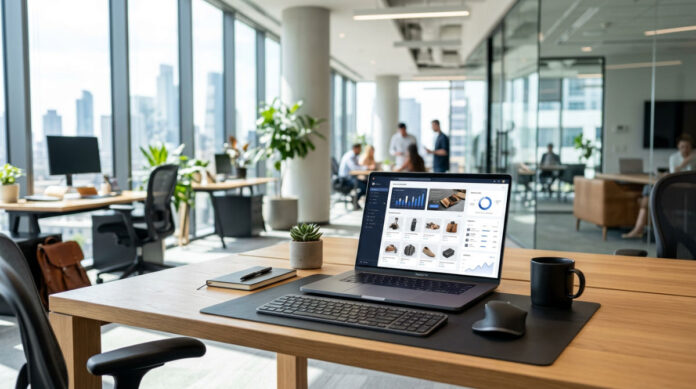 A professional ecommerce workspace showing a laptop with business analytics and a modern office background.