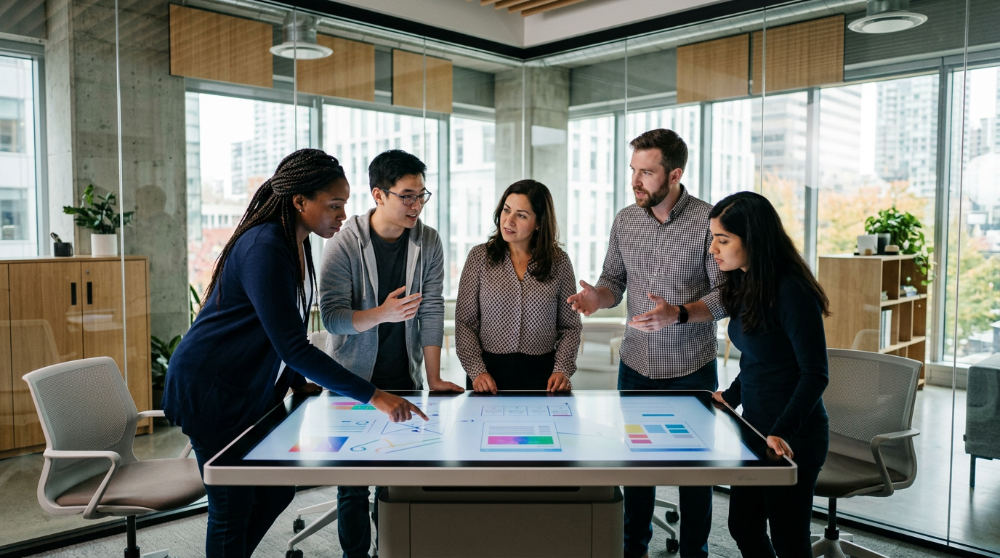 A team of four professional developers and managers sitting around a white table discussing enterprise ecommerce strategy in a modern office.