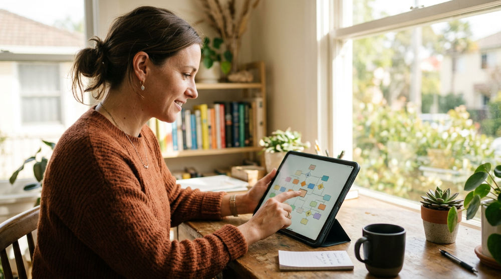 A female entrepreneur using a stylus on a tablet to manage business automation icons on a digital screen.