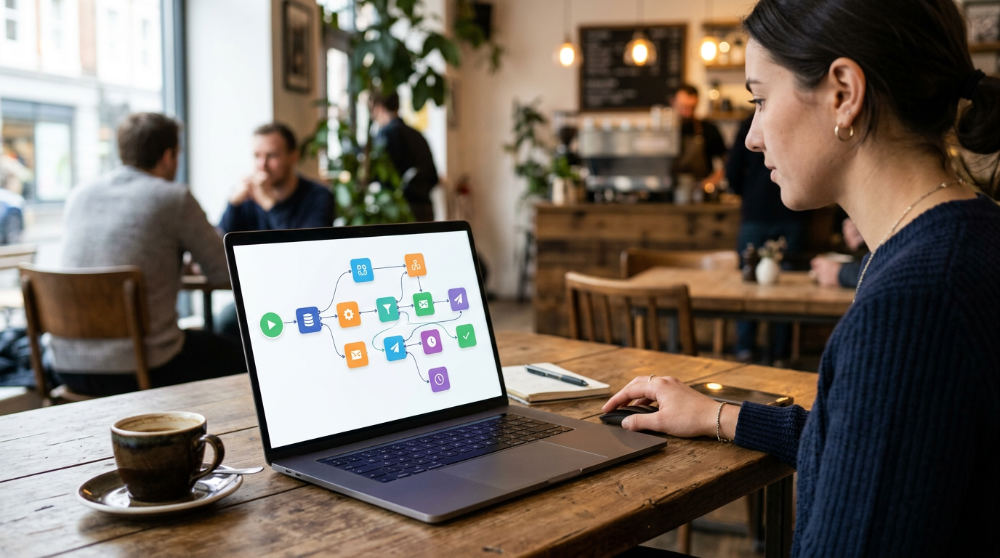 Visual no-code automation workflow builder on a laptop screen