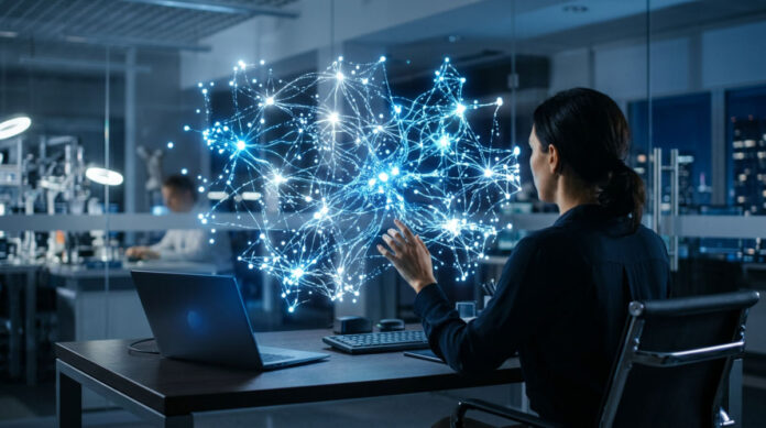 Visual representation of self-improving AI agents and agentic workflows in a modern business setting.