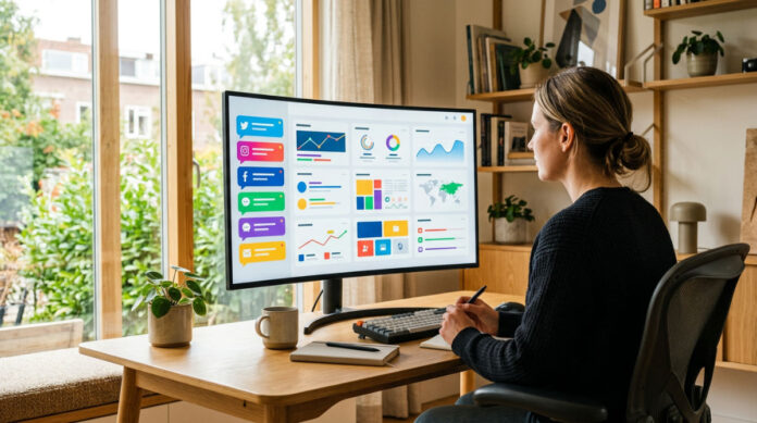 A professional managing social media management companies and digital workflows using a clean unified software interface in a bright office.