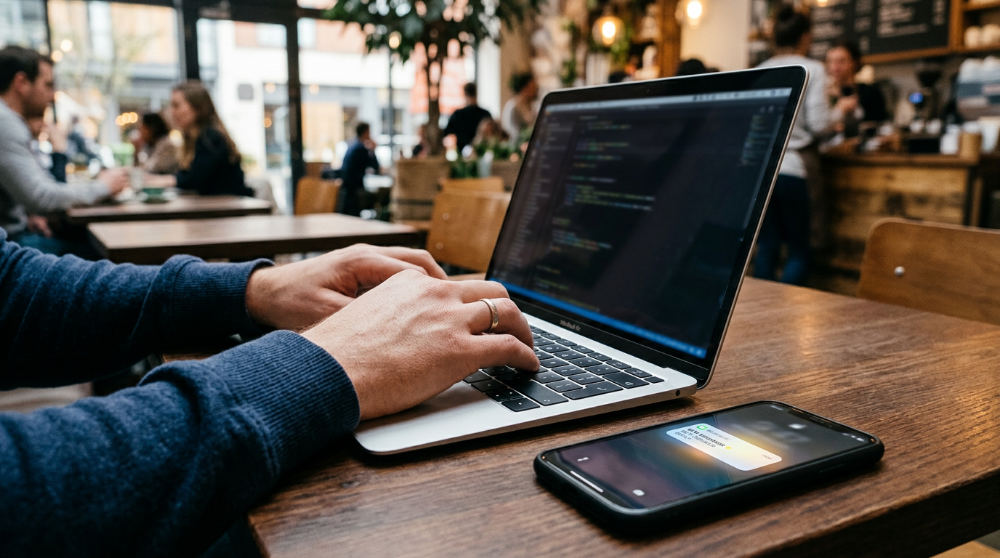 A person using a customer communications management platform to reply to social media messages on a laptop.