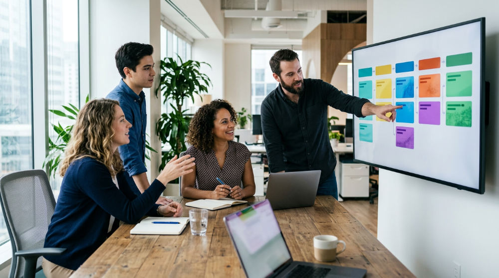 A business team discussing their B2B sales management strategy using a visual Kanban CRM board.