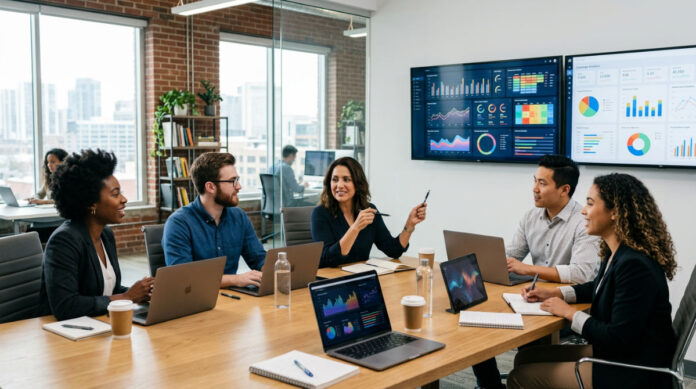 Marketing agency team analyzing digital campaign performance dashboards during a strategy meeting in a contemporary office.