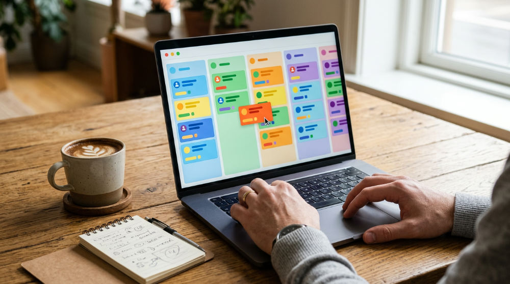 A marketer views a visual CRM pipeline on a laptop to manage client sales opportunities.