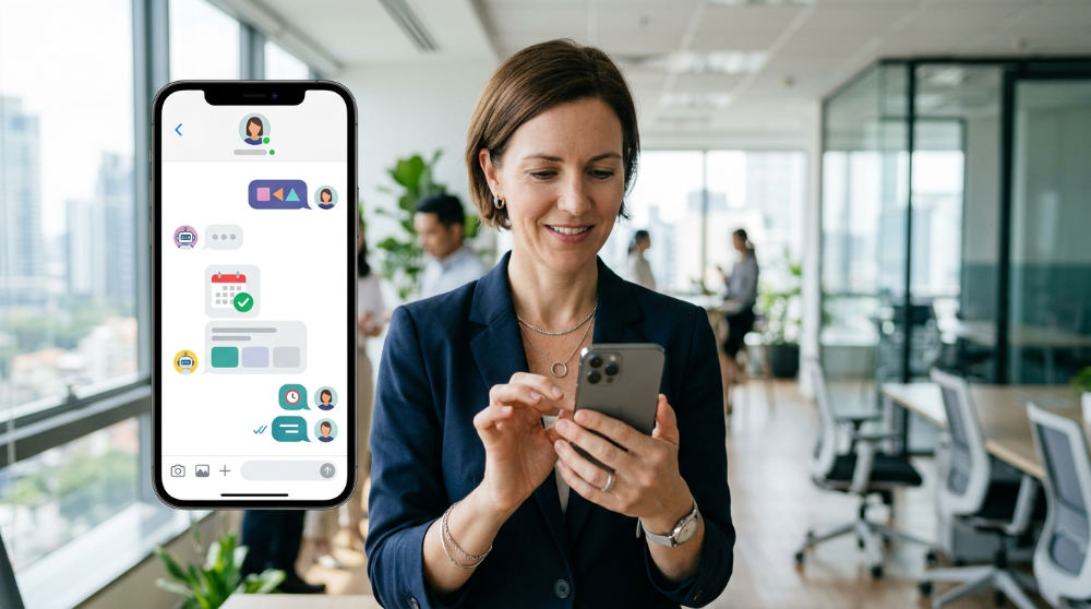 A business owner uses a mobile device to monitor AI Agents qualifying leads and managing schedules.